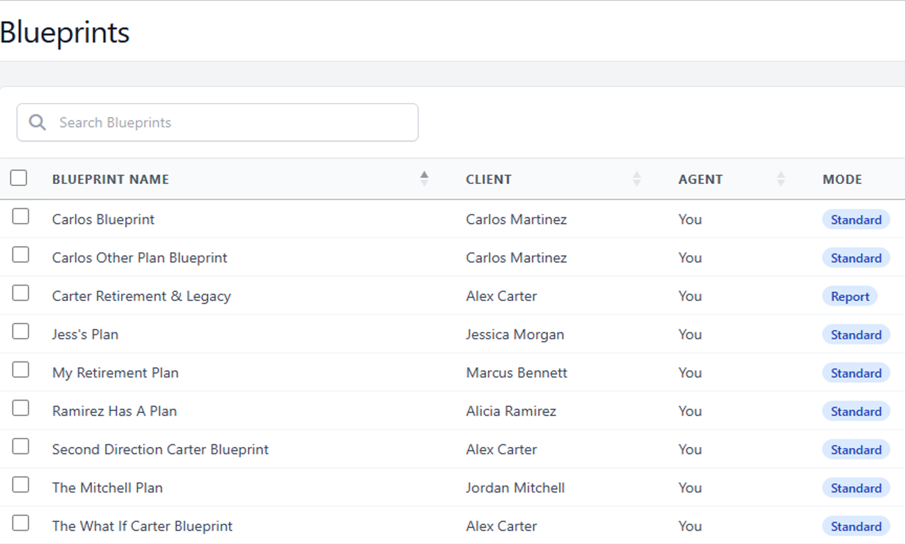 Cash Value Pro Blueprints list for a demo agent: nine Blueprints for six fictional clients, each with its client, agent, and mode (Standard or Report).