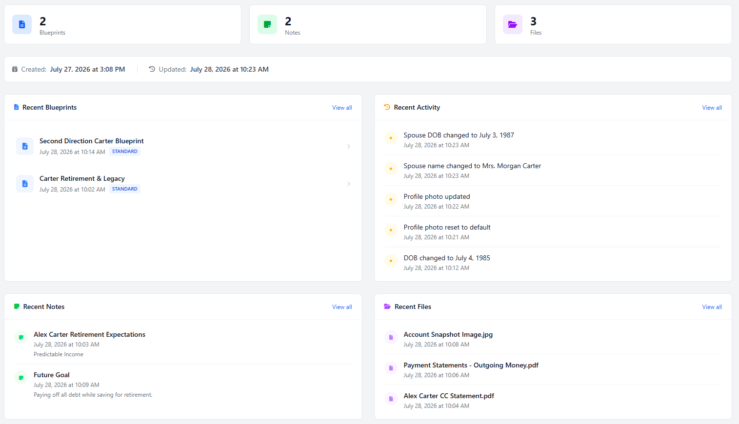 Client profile overview: counts of Blueprints, notes, and files, with recent Blueprints, recent activity, recent notes, and recent files.